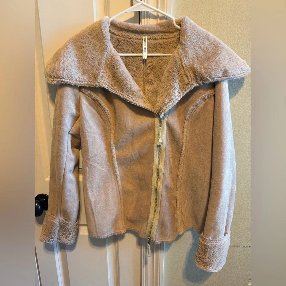 Monoreno Faux Fur Suede Women’s Tan Jacket Fleece Lined Zipper Sz L